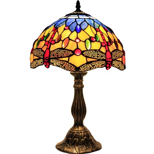 Image of WERFACTORY Tiffany Lamp Stained Glass Bedside Table Lamp 18 Inch Dragonfly