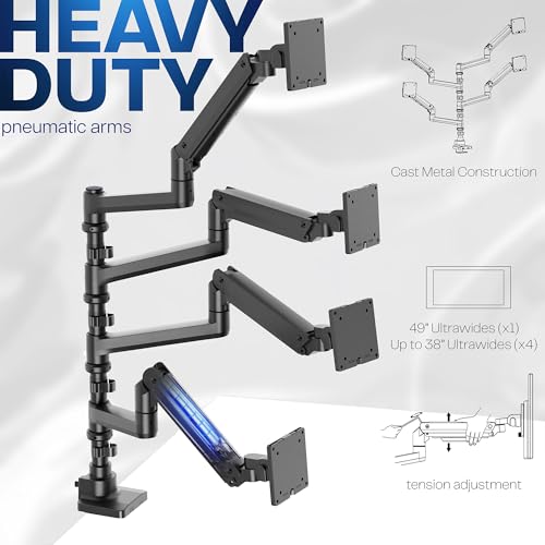 Image of VIVO Pneumatic Arm Quad Ultrawide Monitor Extra Tall Desk Mount for Up to 49 inch Screens Individual Arm Capacity, Max 38 inch Screens for 4 Ultra Wides Up to 44 lbs, Black, STAND-V400D