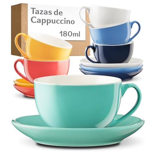 Set de 6 Tazas de Capuchino con Platos - 180ml - Ceramica de Colores - Con Caja de Regalo - Mantienen el Café Caliente