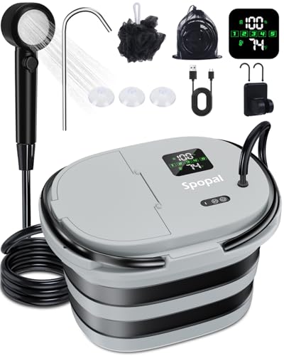 Spopal Portable Integrated Camping Shower with 20L Bucket, Temperature Measurement & Fruit Washing Mode, LED Digital Display, IPX8 Waterproof, 13000mAh Battery for Hiking, Travel, Car, Pet