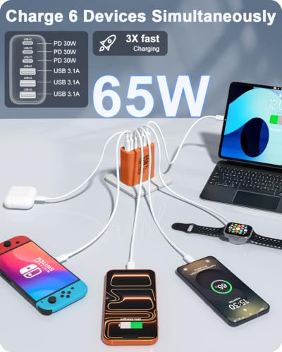 Image of FEEL2NICE 2-Pack 65W USB C Charger Block, 6-Port Fast Wall Charging Block [3 PD USB-C & 3 QC USB-A] for iPhone 17 16 15 Pro Max, iPad Pro, Galaxy S26 S25, Pixel 10 9, iWatch,Google & More