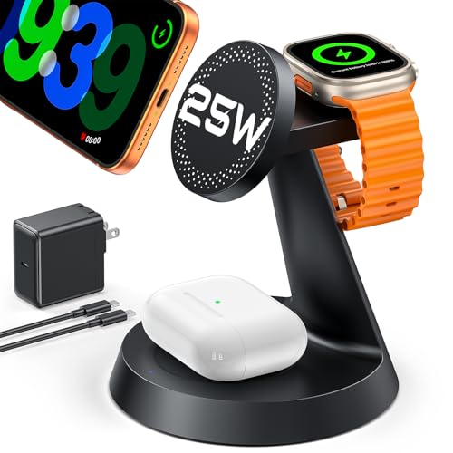 Image of 25W Fast Charging Station Designed for MagSafe Charger for iPhone 17 16 Series, 3 in 1 Magnetic Wireless Charging Stand with 45W Adapter for iWatch & Earbuds, Charger Dock with Heat Dissipation