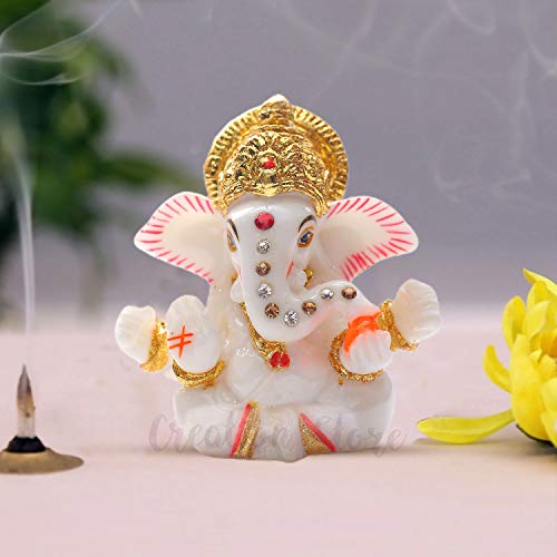 Ganesh Idol for Car Dashboard, Ganesha Statues for Small Pooja Home Gift Office Study Table DÃ©cor- 3.5 Inch (Handmade, White- Gold Marble) (Ganesh1)