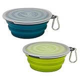 Dog Slow Feeder Bowl 2-Pack Collapsible (34oz) - Portable Food & Water Dishes With Carabiner Clip (Blue+Red) Dog Bowls