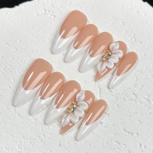 White French Press on Nails Long Stiletto False Nails with 3D Flower Designs Handmade Acrylic Fake Nails Muti-Layer Gel Glue on Full Cover Stick on Nails for Women（Size S) — view 3