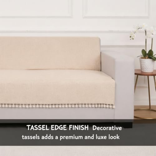 Image of STITCHNEST Jute Sofa Cover - Beige, 48x60 Inch | Soft Textured Fabric with Tassel| Full Coverage Sofa for Living Room Decor