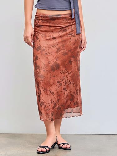 CIDER Women’s Mesh Floral Boho High Waisted Grunge Long Midi Fall Skirts Western Outfits2