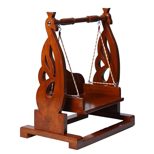 Image of Premium Polished Sheesham Wooden Laddu Gopal Jhula, Shri Krishna Swing Kanhaji, Thakurji, for Bal Gopal Idol, (Size:- 13 inchx12 inchx7 inch), Seat Size :- (8 inchx6 inch) 0 to 4 no Gopal ji (Mayur Aura Jhula)