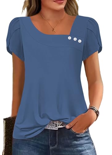 Image of Womens Petal Sleeve Tops Summer Trendy T Shirt Casual Loose Square Neck Button Blouse Tees
