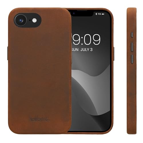 Image of kalibri Case Compatible with Apple iPhone 17e / iPhone 16e - Case Smooth Genuine Leather Hard Case Anti Slip Cover - Brown
