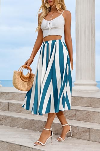 Image of Cicy Bell Womens Summer Striped Maxi Skirts A-Line Beach Vacation Outfits | Elastic Waist, Side Pockets, Flowy, Midi Length, Color Contrast, Trendy Casual