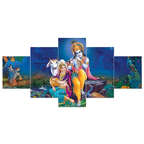 Image of Clasiko Set Of 5 Pcs 3D Wall Painting With Frame; 17x30 Inches; Radha Krishna With Cow