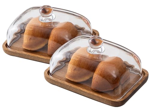 2 Pack Rectangular Wooden Cake Stand, 4 x 6.3 Mini Cake Plate Holder with Clear Glass Bell,Cake Display Server Tray for Kitchen,Birthday Parties,Weddings,Baking Gifts