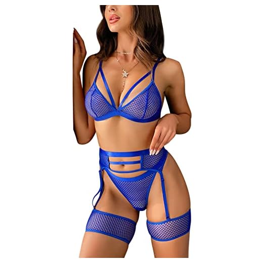 Aranmei Conjunto de Lencería Sexy de 4 Piezas para Mujer con Liguero y Tirantes de Malla de Tiras y Bragas Conjuntos de Lencería de Encaje de Cintura Alta Lingerie, Azul, M