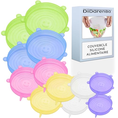 Couvercle silicone alimentaire 12 pieces differentes tailles extensible reutilisable lavable au lave-vaisselle couvercle boite de conserve multicolore