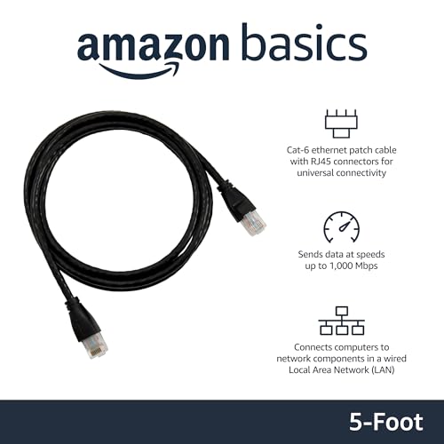 Image of Amazon Basics RJ45 Cat-6 Ethernet Patch Internet Cable, 1Gbps Transfer Speed, Gold-Plated Connectors, Universal Connectivity for PC, TV, Tablet, Router, Printer, 5 Foot, Black