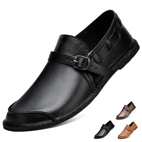 Men's Leather Slip On Flat Loafer,Casual Lightweight Soft Sole Driving Penny Shoes Adjustable Buckle Hand-Made Dress Shoes