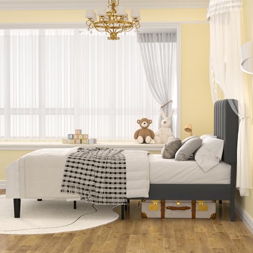 Image of VECELO Twin Size Bed Frame with Upholstered Headboard, Velvet Platform Bedframe Mattress Foundation, Strong Wood Slat Support, No Box Spring Needed,Grey
