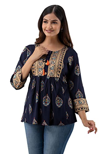 Image of DMP FASHION Women's Rayon Classic Printed Boota Top with Beautiful Tassels and Buttons at Front Black
