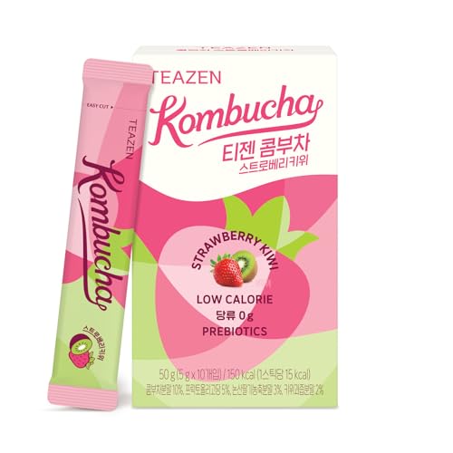 Image of TEAZEN Strawberry&Kiwi Kombucha Powder, Hydration Drink Mix, Sugar Free, Live Probiotics & Prebiotics, On-the-Go 10 Packets, 1.76oz