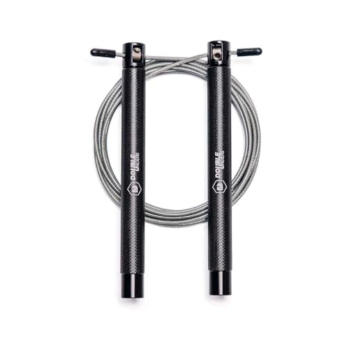 DoubleUnders Speed Rope Springseil schnelles Stahlseil mit Kugellager Aluminiumgriffe verstellbar inkl. Ersatzseil & Tasche für HIIT Boxen & Crosstraining - Silber/Schwarz