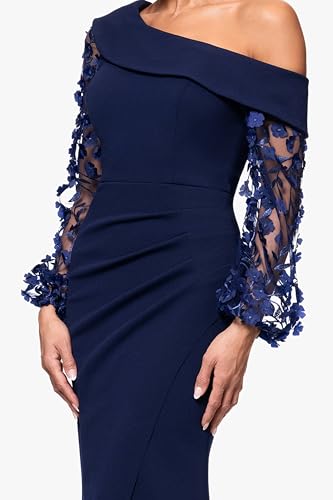 Image of Xscape Women's Long Flower Ilusion Sleeve Off-the-Shoulder Scuba Crepe Gown, Navy, 16