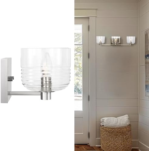 Scott Living 3-Light Lochdale Modern Wall Sconce in Brushed Nickel Finish with Clear Ribbed Shade DJV1113BS, Stylish Wall Light Enhances Bedroom and Bathroom Wall Decor with Elegant Vanity Lighting