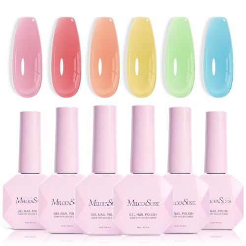 Image of MelodySusie Jelly Gel Nail Polish Set,6PCS Milky or Jelly Texture,Macaron Colors Soak Off UV LED Light Cure or Salon Manicure and Nail Art DIY at Home 15ML