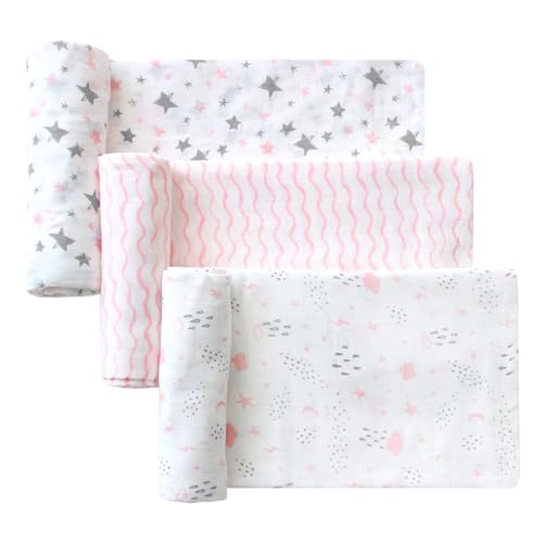Image of Little Grape Land Muslin Swaddle Blankets, 100% Cotton Muslin Blankets, Large Size Baby Receiveing Blankets, Neutral Soft Baby Blankets for Newborns - Pink / 47x47in, 3 Pack