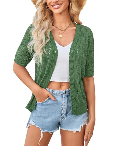 Image of Yekaty Womens 2026 Short Sleeve Crochet Summer Cardigan Cropped Button Sweater Lightweight Shrug for Dress