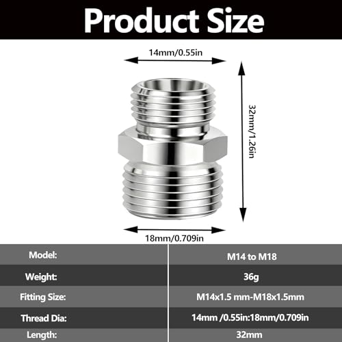 Image of 2 Pcs M14 to M18 stainless steel adapter fittings, suitable for small excavators, for connector conversion, diameter reduction or expansion, and full-bore straight pipe connector connections.