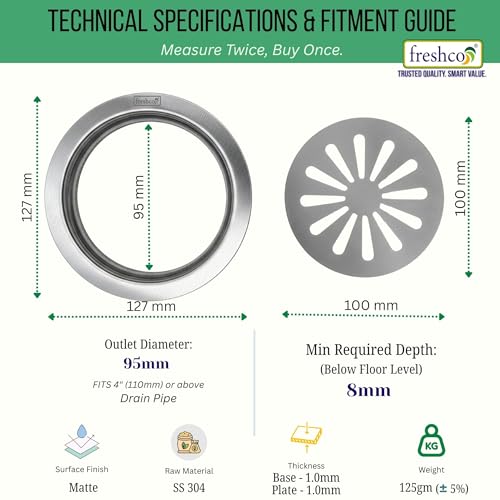 Image of Freshco Round 5x5 Floor Drain Jali - Daisy Design (Plain) - Locking System - Direct Drainage (No Trap) - SS 304 (1mm) - Fits 110mm Pipe
