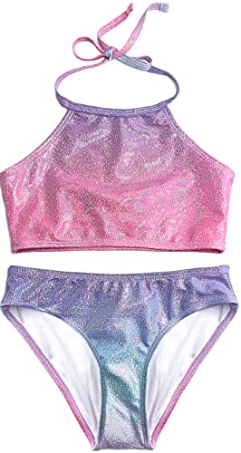 Image of SHEKINI Girl's Halter Bikini Set Silver Stamping Beach Sport Two Piece Swimsuit Kid Swimwear