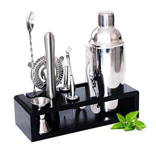 PentaQ Cocktail Shaker Set Bartender Kit with Wooden Stand 10 Pieces Stainless Steel Bar Set for Drink Mixing Bartending Tools for Home Bars, Parties and Drink Making