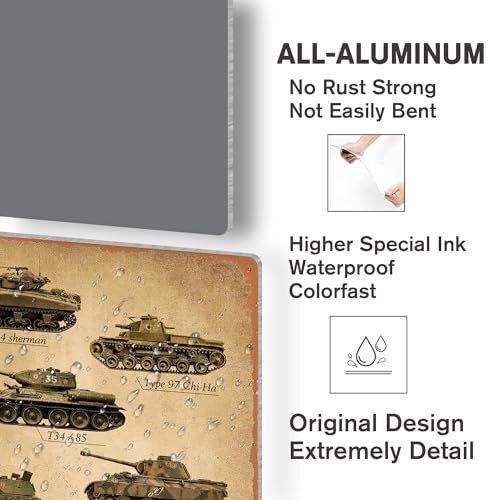 Image of Wallors Military Decor Vintage WW2 Tanks Metal Tin Signs 8x12 Inch | Army Gifts for Boys Men Military Enthusiast, WW2 Posters for War Room Camo Room Wall Decor, WWII Memorabilia