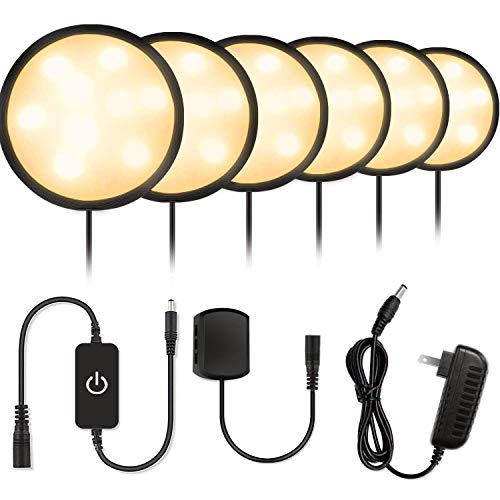 YGS-Tech LED Under Cabinet Lighting Kit, 1020 Lumens LED Puck Light, 3000K Warm White, CRI90+, Touch Dimming, Black Trim All Accessories Included, for Kitchen, Closet Lights, Safe Light, 6-Pack