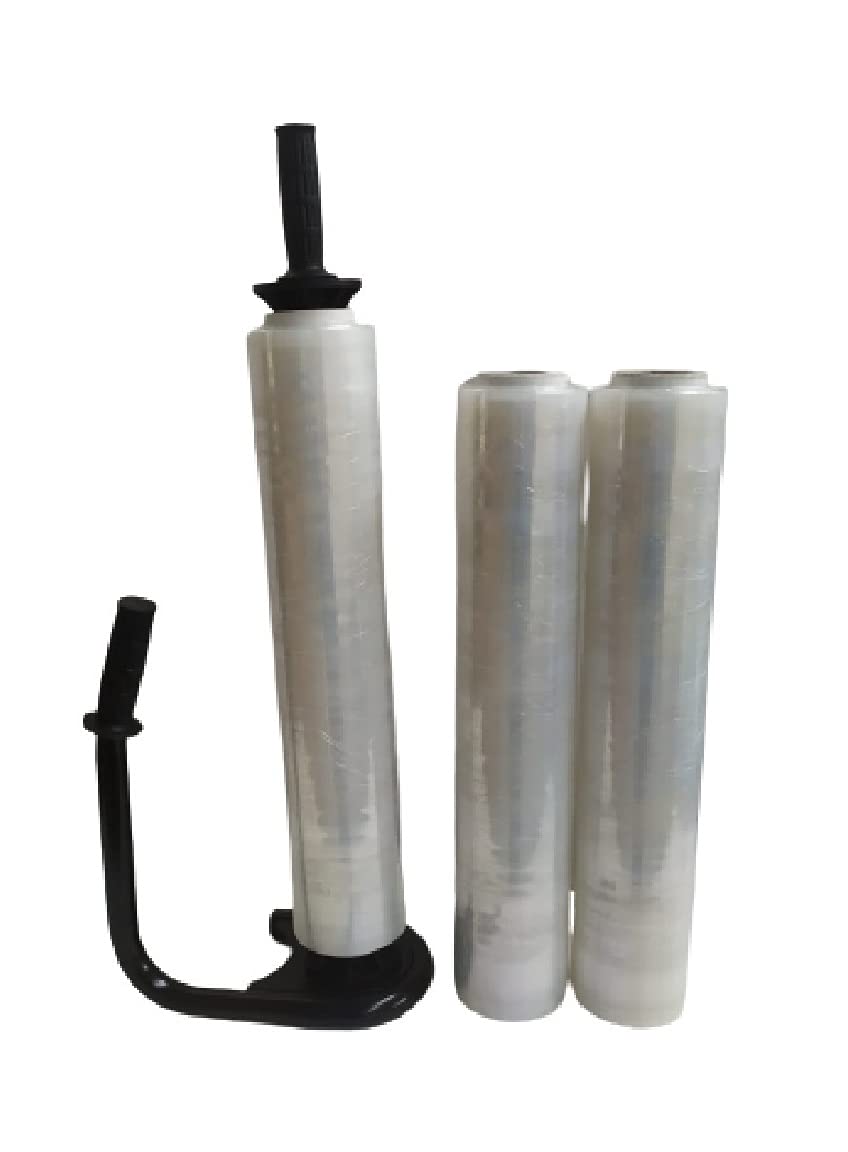 DISPENSER MANUALE PER FILM ESTENSIBILE CON REGOLAZIONE DI TENSIONE COMPLETO DI 3 BOBINE DI FILM ESTENSIBILE TRASPARENTE