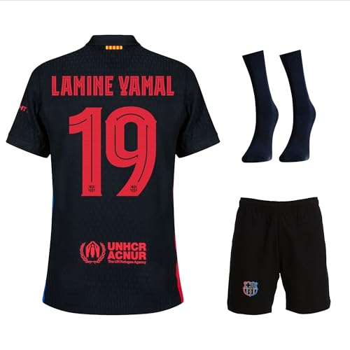 Lamine Yamal Barcelona #19 Kinder Trikot Fußballtrikot, Schwarz 2024 Full Set, Sporttrikot, Fußball-Trainingstrikots, Mit Shorts (140-Yamal)