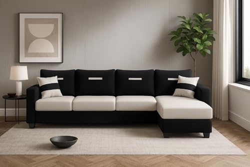 Image of CASASTYLE Dreamon 5 Seater Fabric RHS L Shape Sofa Set (Light Grey-Black) | Premium Velvet Finish | Comfortable Sectional Sofa for Living Room