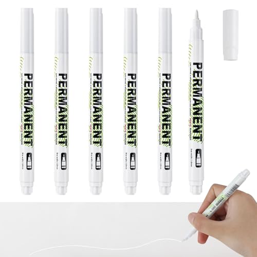 LEIBOCHAO 6 Piezas Rotulador Permanente Blanco, Rotulador Blanco 1,0 mm Permanente Impermeable, Marcadores Permanentes de Acrílico para Piedra, Madera, Vidrio, Cerámica, Lona, ​​Neumáticos
