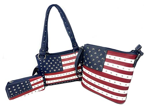 Premium American Flag Rhinestone Women's Handbags Purse Wallet Set in 7 Colors
