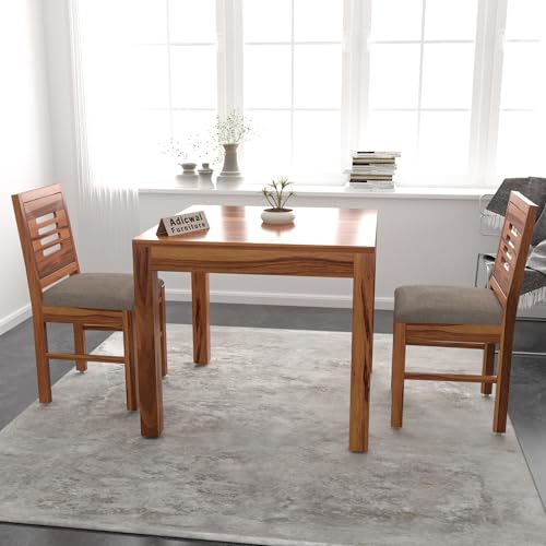 Image of Solid Sheesham Wood 2 Seater Dining Table Set with Cushioned Chairs for Dining Room | Living Room | Home & Office | Hotels Restaurant & Cafe (2 Seater, Honey)