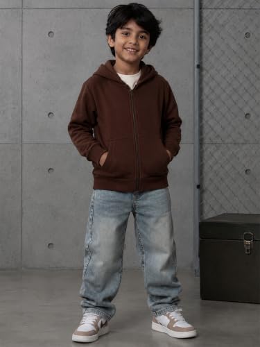 Image of Unisex Kids Solid Full Sleeve Zip Front Open Hooded Sweatshirt