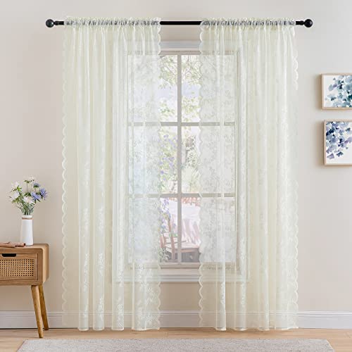 Miulee Ivory Lace Curtains 84 Inches Long For Living Room Bedroom, Semi Sheer Curtains Rose Floral Embroidered Farmhouse Window Drapes Vintage European Tulle Retro Style, Rod Pocket, 2 Panels Set #TOP1