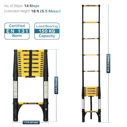 Image of Corvids 5.5m (18 ft) Folding Carbon Steel Telescopic Ladder, 2-Year Warranty, 14-Step Heavy Duty Extension Ladder, Q195 Rustproof Alloy Steel, Portable & Collapsible Ladder for Home & Outdoor use