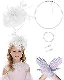 Bniksok Girls White Tea Party Fascinators Hats with Lace Gloves Pearl Necklace Earring Jewelry for Tea Party Wedding Accessories
