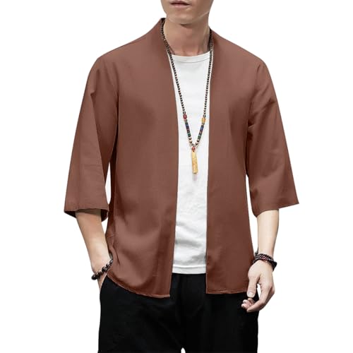Image of PRIJOUHE Men's Kimono Jackets Cardigan Lightweight Casual Cotton Blends Linen Seven Sleeves Open Front Coat Outwear