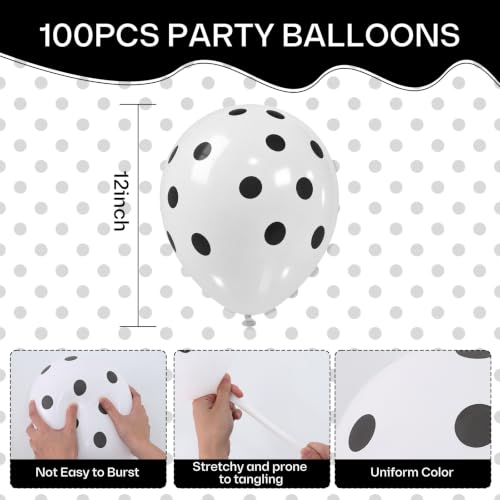 Image of TONIFUL 100 Pack White Balloons 12 Inch Polka Dot Latex Balloon Black Dots on White for Bachelorette Birthday Wedding Baby Shower Graduation Party Decorations
