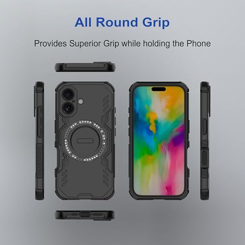 Image of amazon basics Back Case Cover for iPhone 16 | Magnetic Case with Built-in Metal Ring | Supports Mag-Safe Charger, Wallet & Car Mount | Shockproof Hybrid PC + TPU | Black