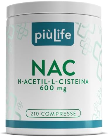 NAC n-acetil-cisteina 600mg 210 compresse PiùLife – n acetilcisteina 1 al giorno – NAC 600 Integratore Antiossidante, Sintesi del Glutatione, Proprietà Difese Immunitarie, Mucolitico Fluidificante PiùLife - integratore